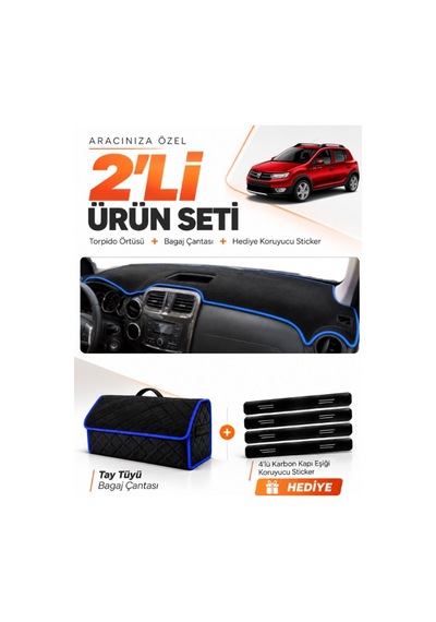 E-biz Dacıa Sandero Stepway 2015-2021 Uyumlu Torpido Örtüsü + Tay Tüyü Çanta - Siyah-mavi - Da004