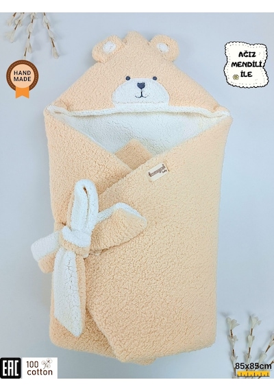 Kışlık Kalın Kız Erkek Bebek Battaniyesi & Dış Kundak Welsoft Peluş - Ayıcık Kulaklı Sütlü Kahve