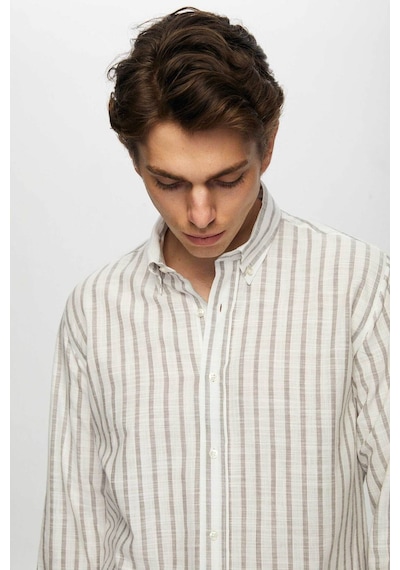 D'S Damat Ds Damat Slim Fit Vizon Çizgili Düğmeli Yaka Pamuk Flamlı Yazlık Keten Görünümlü Gömlek 0HC02ORT06265 Bej