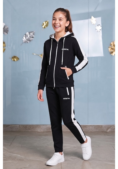 Pina Kids Kız Çocuk Potential Kalın Şeritli Kapüşonlu Düz Paça Dalgıç Kumaş Eşofman Takımı Esf7016 siyah Pina Kids Kız Çocuk Potential Kalın Şeritli Kapüşonlu Düz Paça Dalgıç Kumaş Eşofman Takımı Esf7016 siyah