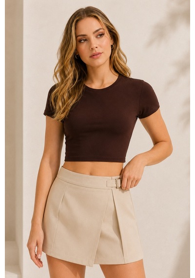 Loule Kadın 3'lü Bisiklet Yaka Kısa Kollu Crop Top Siyah-kahverengi-bej Çok Renkli