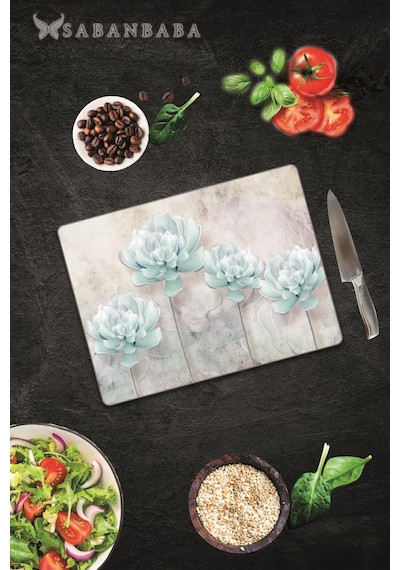 Mavi Çiçekler Cam Kesme Tahtası - Cam Kesme Tablası 30 Cm X 40