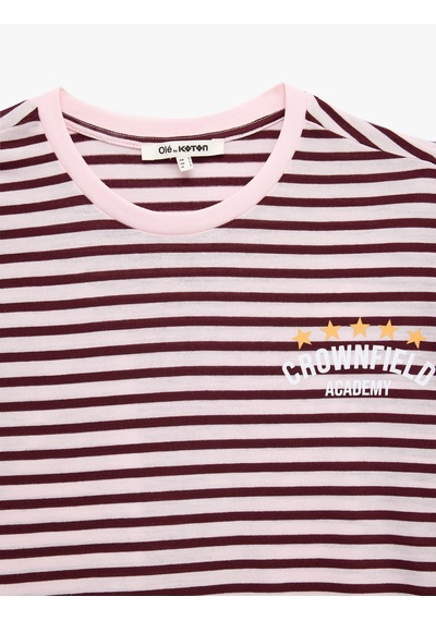 Koton Regular Fit Kısa Kollu Bisiklet Yaka Baskılı Çizgili Tişört Pembe Çizgili 6sal10877ık