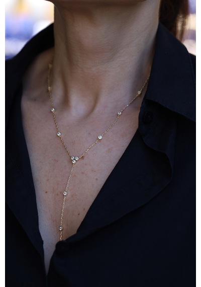 14 Ayar Altın Sarkıt Modern Taşlı Zincir Kolye Zkm007