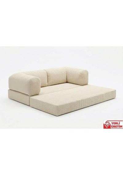 Herev 160x80 Sünger Koltuk İki Kişilik Kanepe Yataklı Yıkanabilir Kadife Kumaşlı Krem