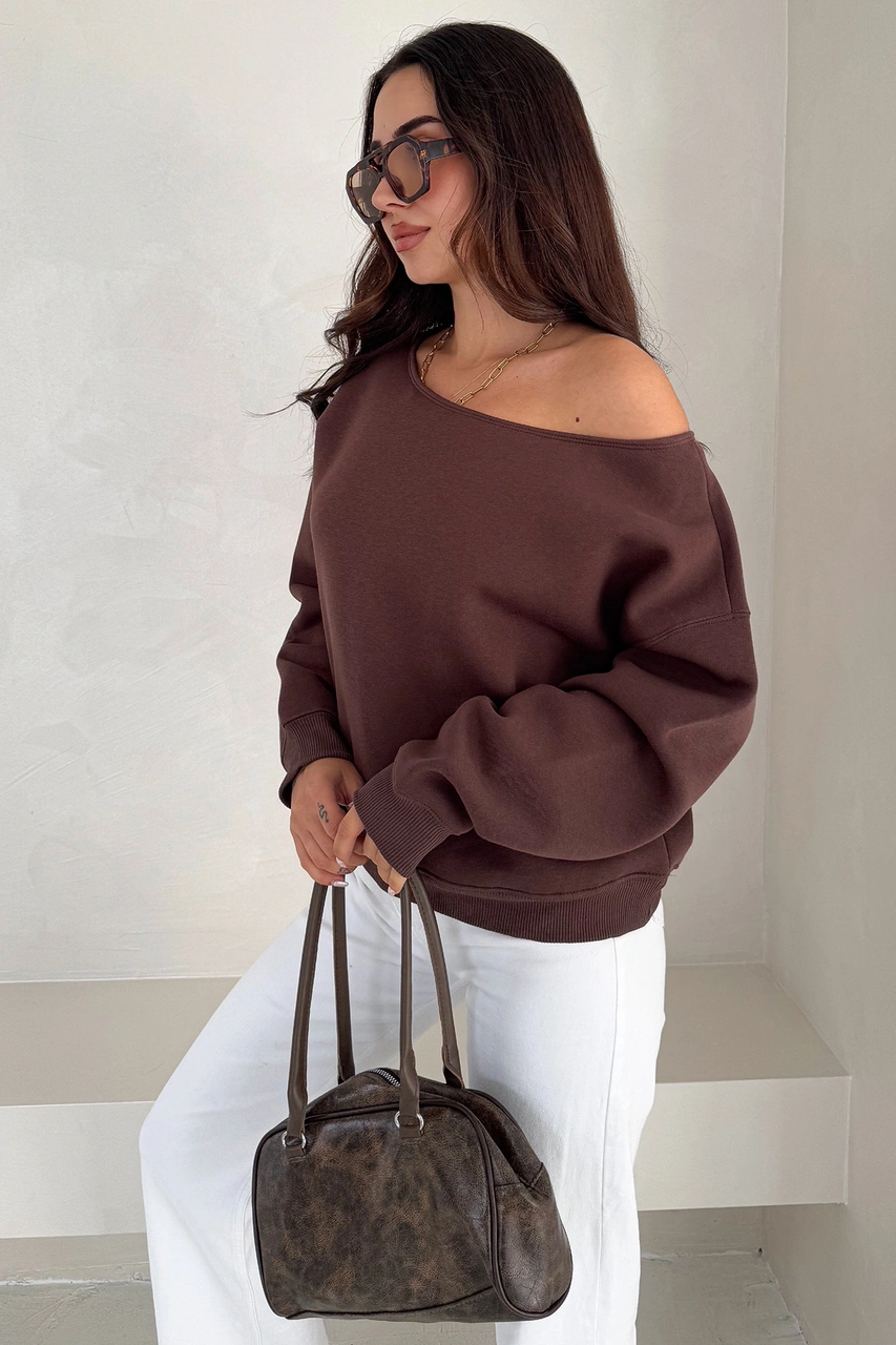 Noa & Noa Kadın Omuz Detaylı Polar Sweatshirt Rahat & Feminen Stil Kahverengi