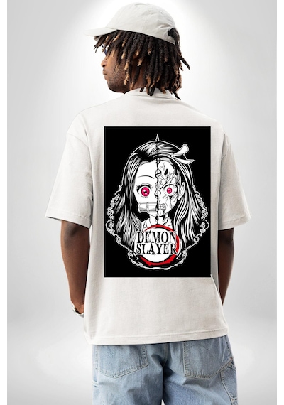 Anime Demon Slayer Beyaz Oversize Unisex Ön Ve Sırt Baskılı Tişört Beyaz