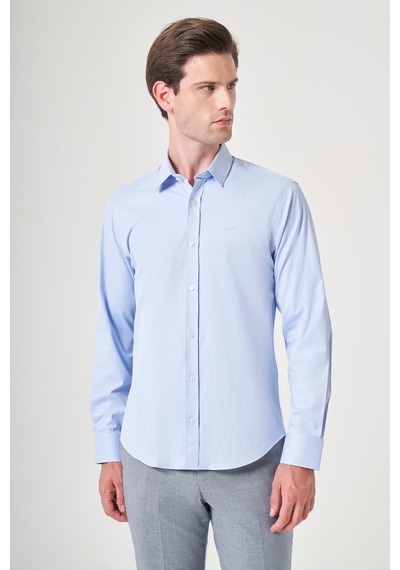 İmza Mavi Sert Yaka Uzun Kol Cepsiz Slim Fit Pamuklu Gömlek 1004260213 Koyu Mavi