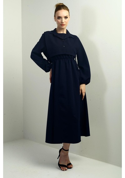 By Saygı Kadın Düğmeli Çıkma Yelekli Beli Lastikli Uzun Kollu Midi Elbise-40656 Lacivert By Saygı Kadın Düğmeli Çıkma Yelekli Beli Lastikli Uzun Kollu Midi Elbise-40656 Lacivert