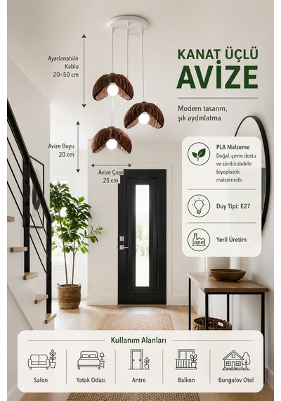 Lotus Çiçek Tasarım Üçlü Sarkıt Avize - Modern Tasarım Gece Lambası İç Dış Ortama Uygun - 25 Cm - Kahverengi