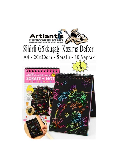 Sihirli Gökkuşağı Kazıma Defteri A4 20x30 Cm 3 Paket 10 Sayfa Scratch Note Spralli Siyah Sihirli Resim Defteri Siyah