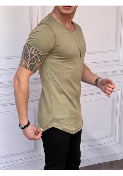 Modefendi Slim Fit Oval Kesim Pamuk Basic Tshırt Haki