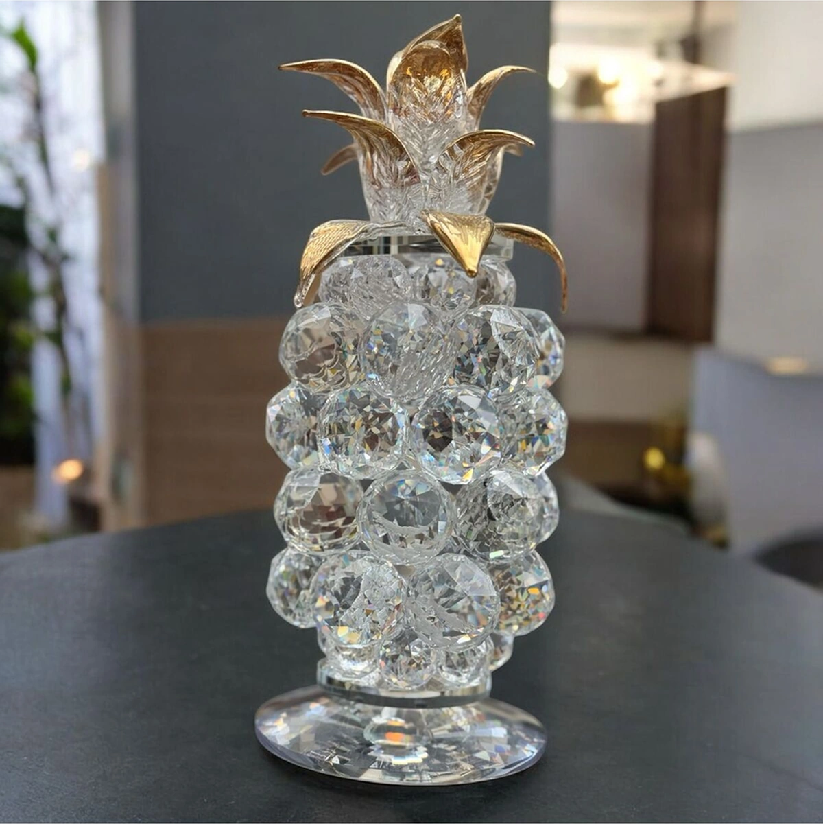 Dekoratif Kristal Cam Tekli Ananas Küçük Boy Şeffaf Gold