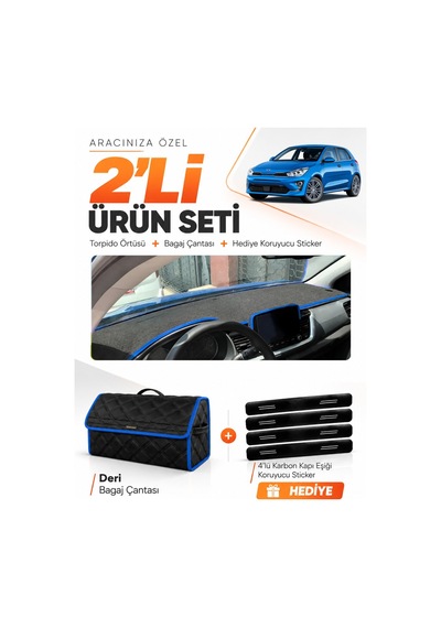 E-biz Kia Rio 2019-2024 Uyumlu Torpido Örtüsü + Deri Bagaj Çantası Seti - Siyah-mavi - Kı014