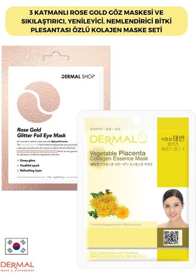 Dermal 3 Katmanlı Rose Gold Göz Maskesi ve Sıkılaştırıcı Yenileyici Nemlendirici Bitki Plesantası Özlü Kolajen Maske Seti