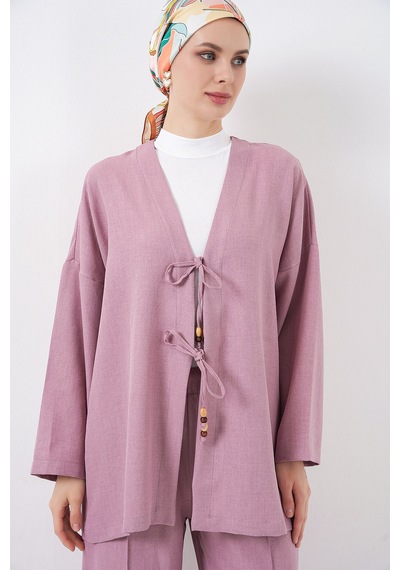 Bigdart Kadın Keten Kimono İkili Takım 6727 - Gülkurusu