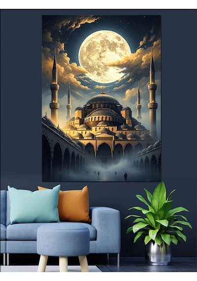 Ahşap Tablo Dolunay Altında Tarihi Camii Silüeti