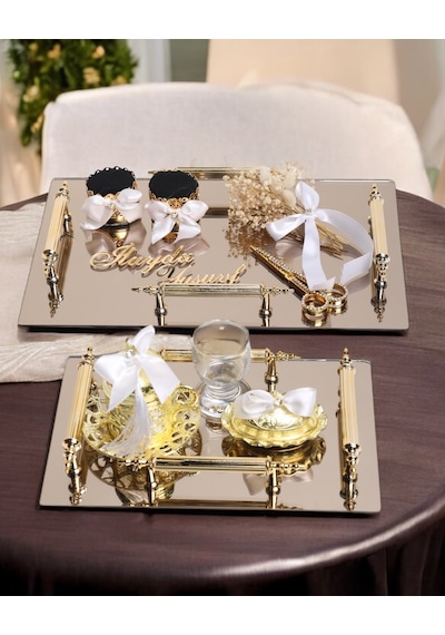 Gold Ayna 4 Kulplu Dikdörtgen Söz Nişan Tepsisi Ve Damat Kahve Fincan Tepsisi Beyaz Beyaz