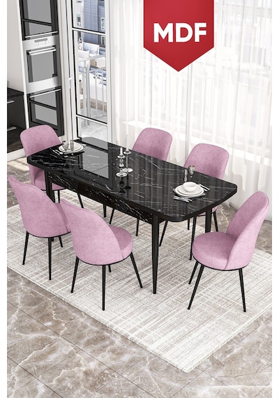 Canisa Kor Serisi MDF 70x114 Açılabilir Mutfak Masası Takımı Siyah Mermer Desen Masa 6 Pembe Sandalye Masa Siyah Mermer Desen Sandalye Pembe Canisa Kor Serisi MDF 70x114 Açılabilir Mutfak Masası Takımı Siyah Mermer Desen Masa 6 Pembe Sandalye Masa Siyah Mermer Desen Sandalye Pembe