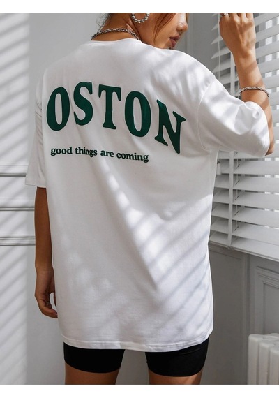 Kadın Beyaz Oversiz Boston Baskılı Örme T-shirt Beyaz-58930