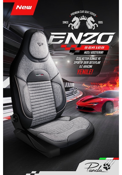 Gri - Siyah Panda Enzo Serisi Keten Kumaş Oto Koltuk Kılıfı - Tam Set