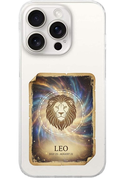 Apple Uyumlu iPhone 15 Pro Max İle  Burç Kartları Aslan Tasarımlı Şeffaf Silikon Kılıf Şeffaf