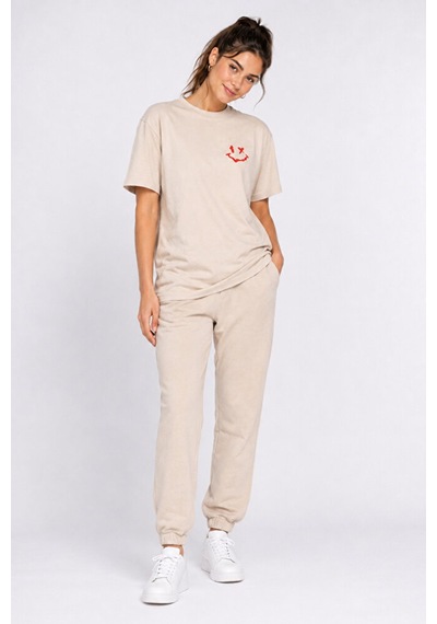 Nevermind Sevgili Kombini Smiley Baskılı Çift Tişört Oversize Unisex %100 P Bej