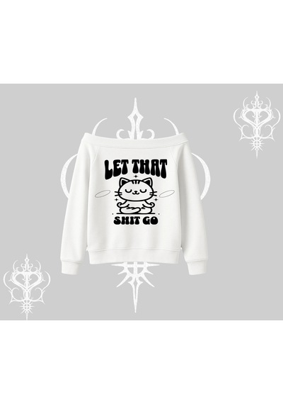 Startmore Meditasyon Yapan Kedi Baskılı Kayık Yaka Sweatshirt Beyaz