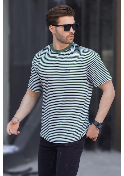 Madmext Haki Bisiklet Yaka Çizgili Kısa Kollu Arma Detaylı Erkek T-shirt 7031 Haki
