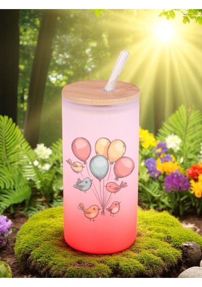 Balon Ve Kuş Baskılı Cam Pipetli Suluk Matara 600 Ml - Su Matarası Su Matara Suluk Kırmızı