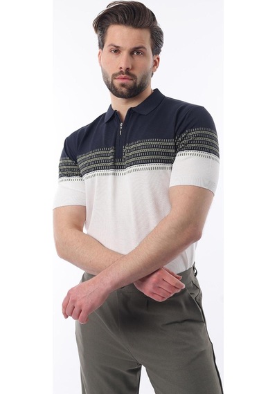 Madmext Lacivert Fermuarlı Polo Yaka Desenli Erkek T-shirt E7296 Lacivert