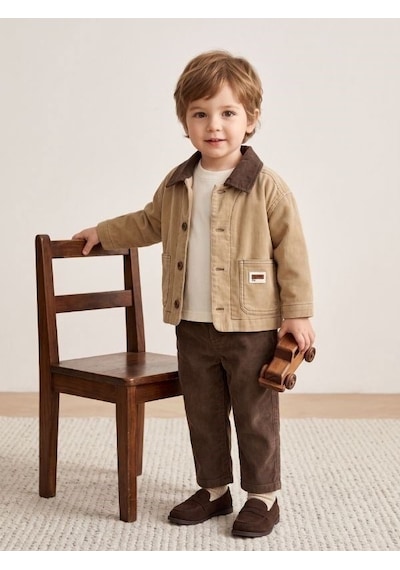 Zekids Erkek Bebek Bej Fitilli Ceketli Tişört Ve Kahverengi Pantolonlu Takım-17455