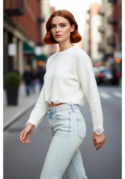 Ersefa Kadın Casual Crop Oversize Bisiklet Yaka Triko Kazak Düşük Kol Ak Ekru