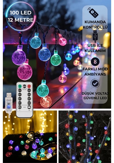 Technosmart 100 Ledli Usbli Kumandalı 8 Modlu Kristal Toplu Işık Parti Süsleme Organizasyon RGB