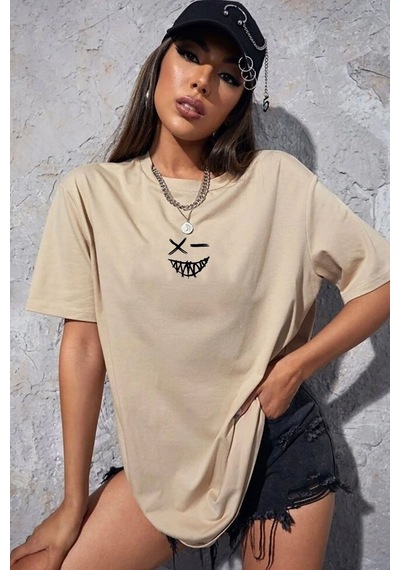 Unisex Cartoon Graphic Baskılı T-shirt Bej