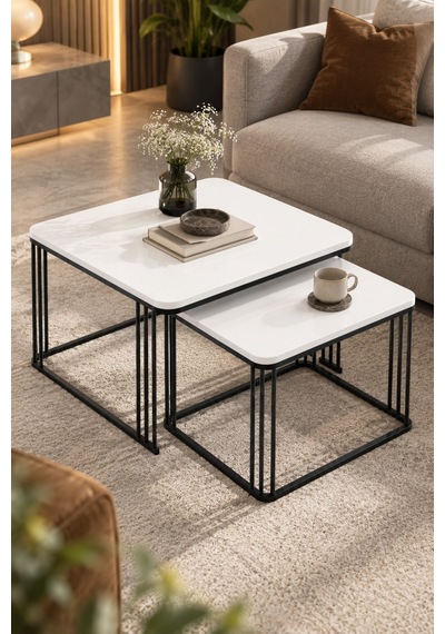 Sulorahome Beyaz Renkli Metal Ayaklı İkili Orta Sehpa Seti