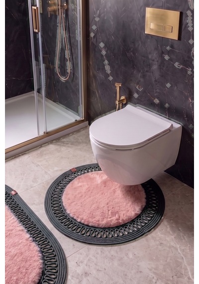 Banyo Paspası Takımı 60x100+60x60 Cm İç Trikot Pembe & Antrasit Gri