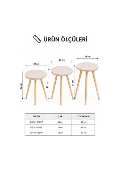 Zigon Sehpa Vizon 3'lü Ahşap Ayaklı Yuvarlak Modern Yan Sehpa Seti Bej Bej