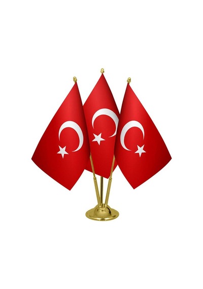 Masa Üstü Üçlü Türkiye Cumhuriyeti Bayrağı Üçlü Pirinç Direk Masa
