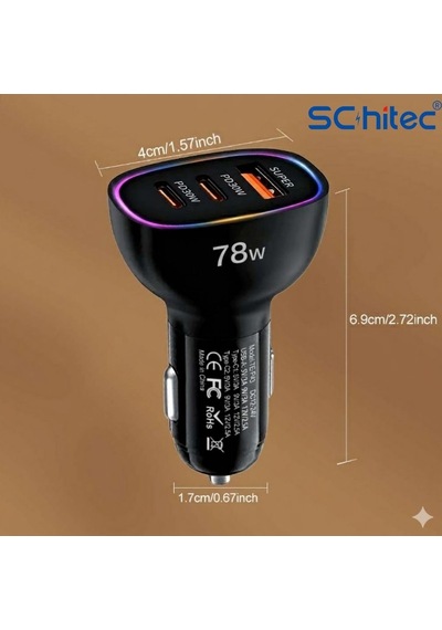 Schitec 78w 3 Portlu Araç Şarj Aleti Çift Type-c Pd 30w + Usb Qc 3.0 Hızlı Şarj Rgb Işıklı Hg/cc-10