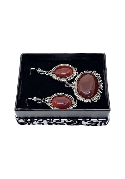Oya Silver Retro Büyük Akik Işıltılı Gümüş Set&takım