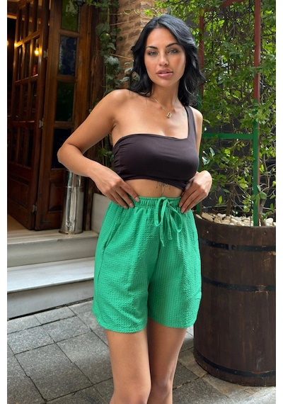 WeShaya Yeşil Lastik Beli Bağlamalı Gofre Şort Benetton Yeşili