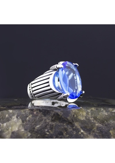 925 Ayar Gümüş Mavi Topaz Taşlı Erkek Yüzük