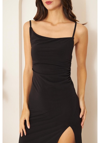 Darlin Moda Siyah Degaje Yaka Yırtmaçlı Elbise Dm1040