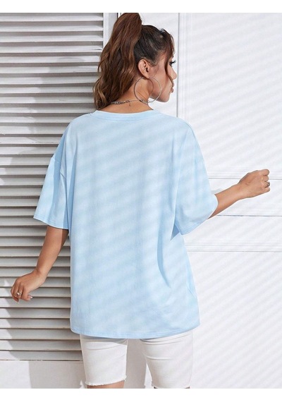 Çiçek Desenli T-shirt - Bebe Mavisi Oversize Baskılı Bisiklet Yaka Bebe Mavisi