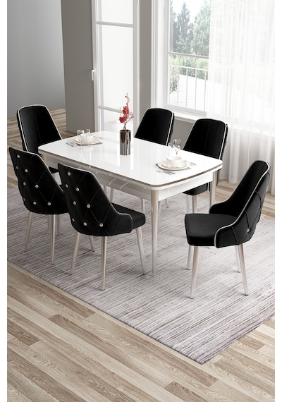 Canisa Tia Serisi 80x132 Açılabilir Mdf Mutfak Masası Takımı Beyaz Masa Krom Detay 6 Siyah Sandalye Masa Beyaz Sandalye Siyah Canisa Tia Serisi 80x132 Açılabilir Mdf Mutfak Masası Takımı Beyaz Masa Krom Detay 6 Siyah Sandalye Masa Beyaz Sandalye Siyah
