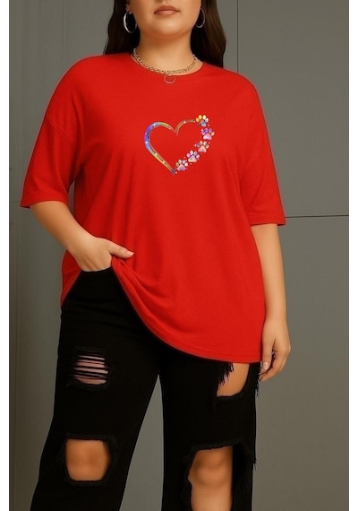 Büyük Beden Renkli Kalp Baskılı Unisex Tişört Kırmızı