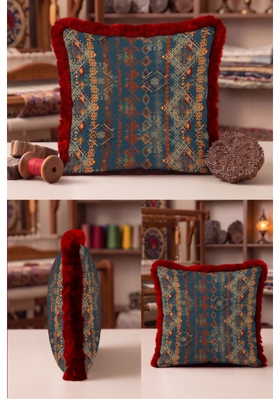 Etnik Kilim Desenli Saçaklı Yastık Kılıfı - Otantik Retro Lacivert Bordo Püsküllü Kırlent Kılıfı Kadim Ufuk Saten