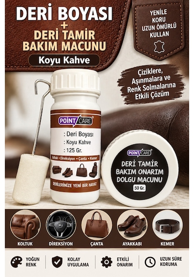 Koyu Kahve Deri Boyası 125 Gr + Deri Tamir Bakım Macunu 50 Gr + Uygulama Süngeri Koyu Kahverengi