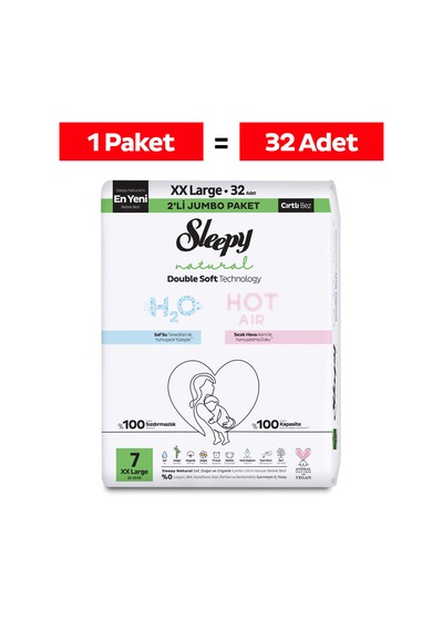 Sleepy Natural Double Soft Avantajlı Mega Paket Bebek Bezi 7 Numara Xxlarge 32 Adet